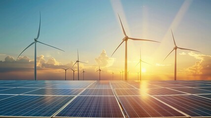 Solar panels Solar panels and wind turbines with sunrise