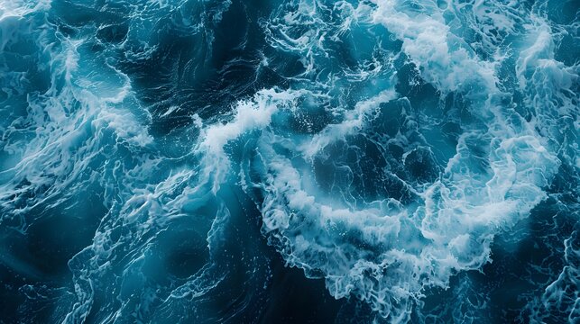 From above aerial view of turquoise ocean water with splashes and foam for abstract natural background and texture.