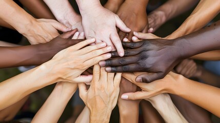 Many hands of different races and ethnicities. United for equality: Diverse youth fighting against discrimination