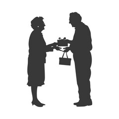 Silhouette elderly couple exchanging gifts black color only