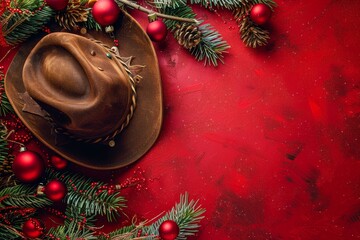 Christmas in the American West with a cowboy hat on a red backdrop for text