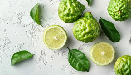 Citrus bergamia and Kaffir Lime on a white background ideal for text placement - obrazy, fototapety, plakaty