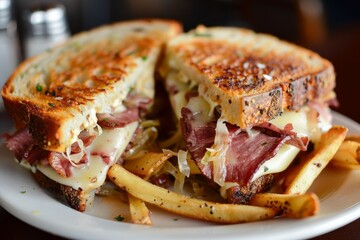 Classic American Reuben sandwich with pastrami and corned beef on grilled rye Swiss cheese sauerkraut thousand island and fries