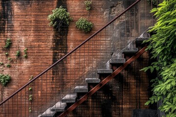 A rugged staircase flanked by the natural textures of weathered walls and creeping vines, juxtaposing human construction with urban greenery. Ideal for urban design and natural integration themes.