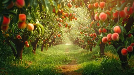 a verdant peach orchard teeming with ripe fruits ready for picking or indulging, promising a delightful experience amidst nature's bounty. - obrazy, fototapety, plakaty