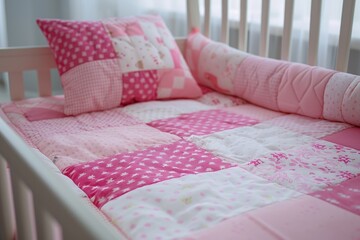 Close up of a pink patchwork baby cot with bedding and textiles for a nursery - obrazy, fototapety, plakaty