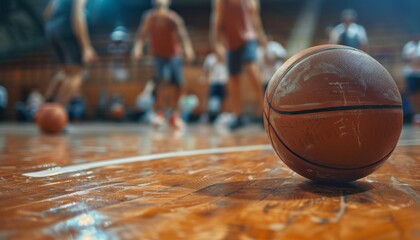 Close up of basketball game on wooden court floor with blurred players in background - obrazy, fototapety, plakaty