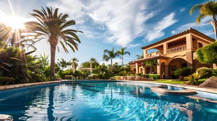Fototapeta na wymiar beautiful Spanish villa with a pool and palm trees in the background, blue sky, sunny day, luxury house