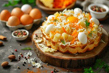 Fototapeta na wymiar Close up of festive Mimosa salad with canned fish potatoes cheese carrots and eggs on a brown background