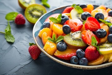 Close up of plate with delicious fruit salad on table