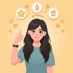 Vector women with the concept of self-esteem, thumb gestures