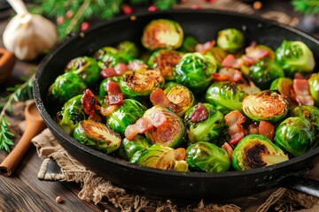 Tasty bacon Brussels sprouts in pan on table