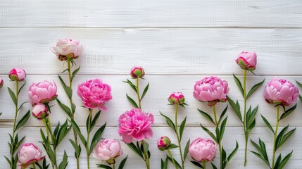 beautiful pink peonies arranged on a white wooden background, offering ample space for text in a top-down view, forming a charming floral border.