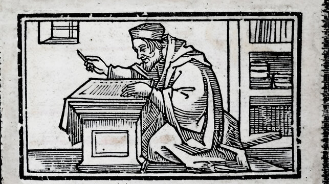 Renaissance scholar at work with quill and parchment: A vintage representation of historical studies