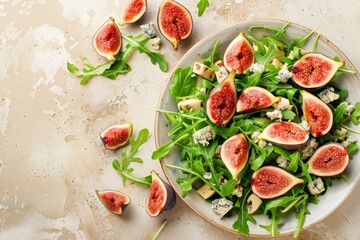 Top view of a vegan and vegetarian salad with figs arugula and blue cheese on a rustic beige background