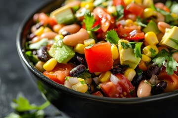 Texas caviar in a black bowl close up with beans tomatoes avocado bell pepper corn and coriander