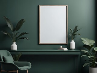 Mockup poster frame in minimalist interior background with dark green wall.