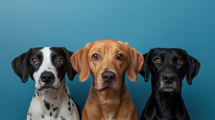 Studio Portrait of Three Dogs of Hunting Breeds on Blue Background - obrazy, fototapety, plakaty