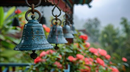 Close-Up of Nepalese Bells on Pagoda Roof - Buddhist Religious Attributes