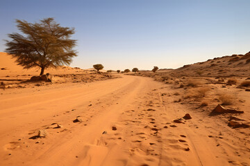 Fototapeta na wymiar Remote desert road at sunset: A tranquil journey through Sahara's golden sands