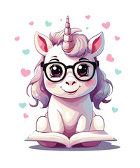 Cute Unicorn Reader Surrounded By Hearts Artwork