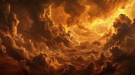 Fiery turbulent clouds and lightnings, unreal scary flight - obrazy, fototapety, plakaty