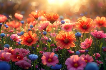 3d Animation cartoon happy spring flowers smiling. Animated background colorful spring flowers.