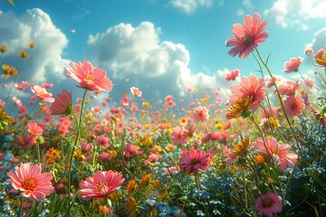 3d Animation cartoon happy spring flowers smiling. Animated background colorful spring flowers.