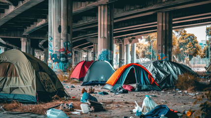 Camp of homeless people under the bridge - obrazy, fototapety, plakaty