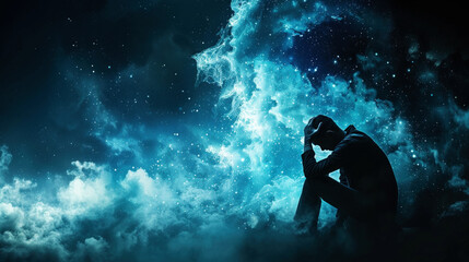 Man Contemplating in Cosmic Space Clouds - obrazy, fototapety, plakaty