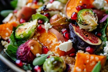 Autumn quinoa salad with roasted veggies figs feta and pomegranate close up