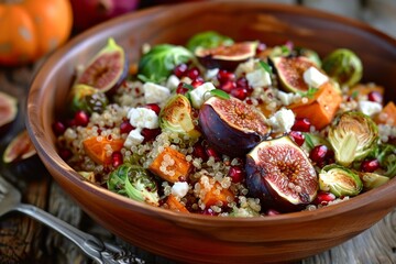 Autumn quinoa salad with roasted vegetables figs feta and pomegranate - obrazy, fototapety, plakaty