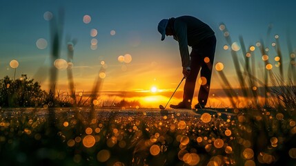 Silhouette of a golfer at sunrise, ideal for motivational and sports themes.