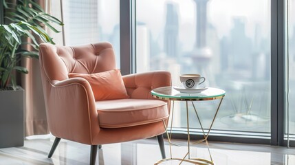 Morning coffee in a chic armchair with a city skyline view, epitomizing urban elegance.