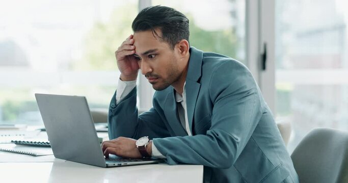 Tired, sleeping and business man on computer with deadline, report and bad time management at office desk. Exhausted worker, employee or lawyer reading on his laptop with burnout, fatigue and stress