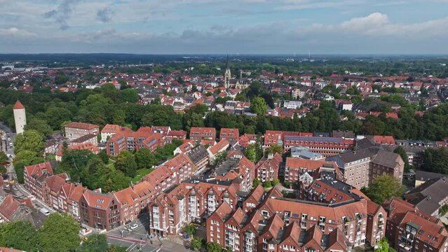 Aerial drone view of Kath. Church "Holy Cross" in Munster , Kreuzviertel , Germany