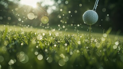 Close-up of a golf ball on dewy grass, perfect for sports equipment promos.