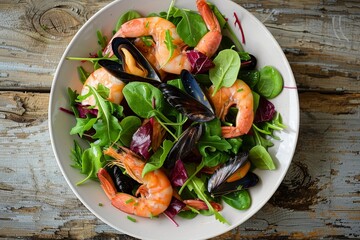 Fresh prawn and mussel salad with mixed greens served on a white dish on a wooden table