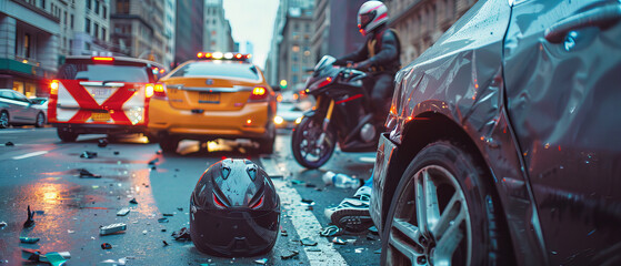 Car accident in the city, collosion between cars and motocycle, helmet on the road.