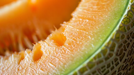 A close-up image of a juicy, ripe cantaloupe melon. The melon is orange and has a green rind.