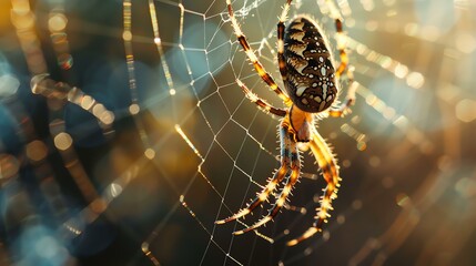 A close-up of a spider on its web with a beautiful bokeh background. - Powered by Adobe