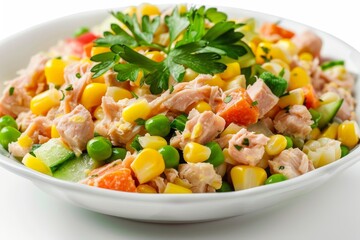 Fresh tuna salad with corn carrot and pea on a white background Mexican corn salad