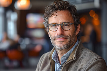 Mature, distinguished man with stylish curly hair posing in a restaurant setting with a soft, thoughtful expression - obrazy, fototapety, plakaty