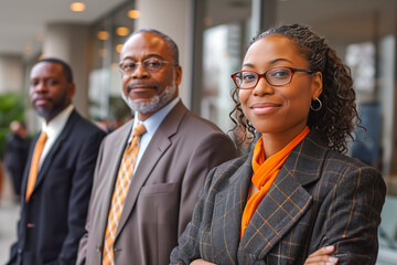 Three confident business individuals standing together, with focus on the woman in front wearing glasses