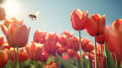 Bee and flowers with beautiful morning light . - obrazy, fototapety, plakaty