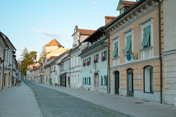 Fototapeta na wymiar Kamnik Street in Historical Centre, Traditional Town Buildings. Europe, Slovenia