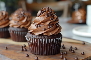 English chocolate cupcake on the wooden background