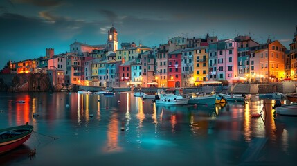 Naklejka premium The magical landscape of the harbor with ships and colorful houses in the background