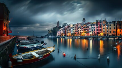 The magical landscape of the harbor with ships and colorful houses in the background
