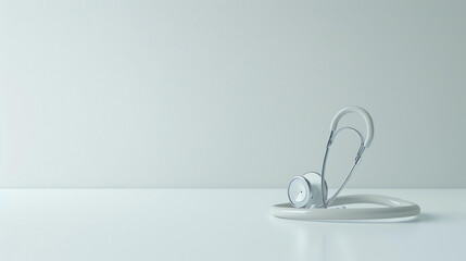 A stethoscope rests on a table. The stethoscope is white and silver. The background is a pale gray. The image is well-lit and in focus. - Powered by Adobe